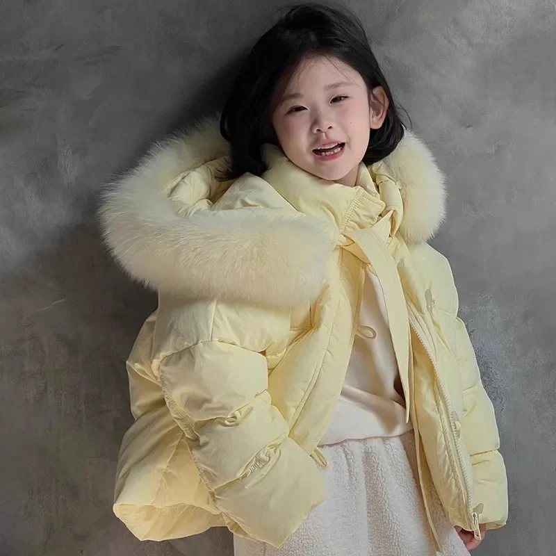 

Winter Warm Girls Fashion Crop Fur Hooded Horn Button Zip Puffer Jacket School Kid Thick Coat Children Outfit Windbreaker 3-16Yr