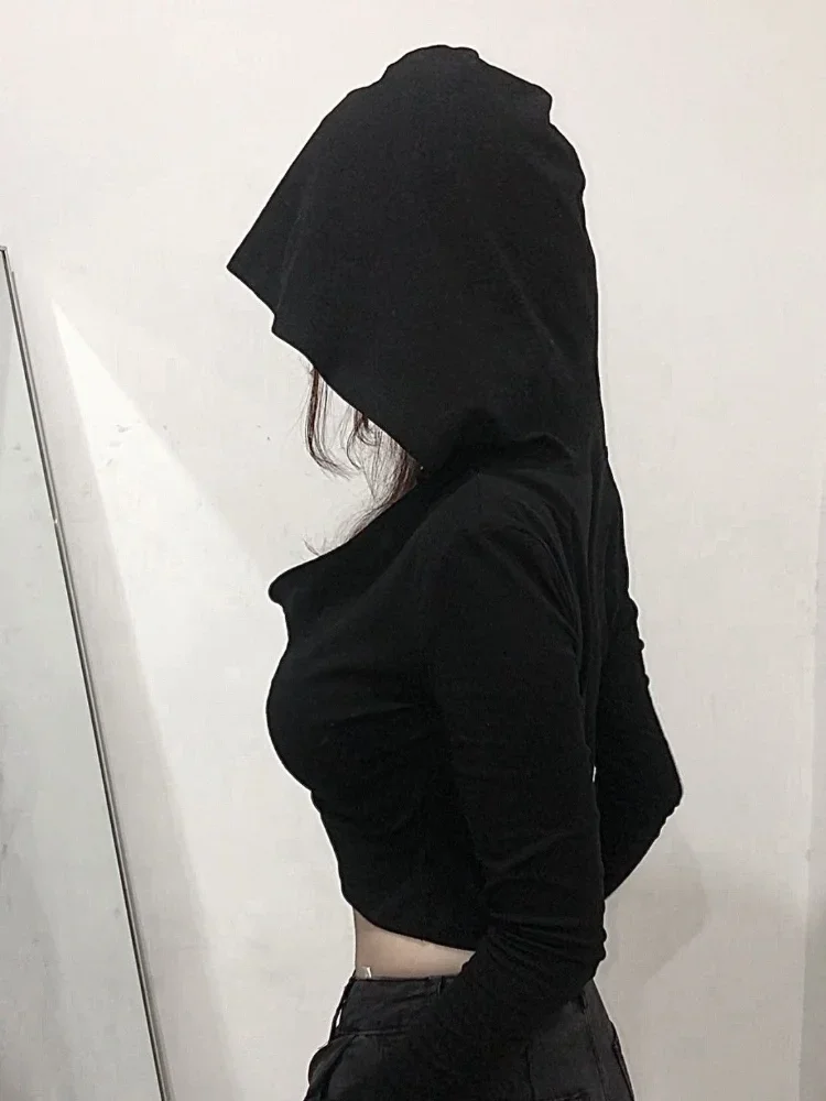 Tシャツ女性春フード付きゴシックベーシック固体ストリートクロップドホットスウィート服ファッション長袖シンプルな韓国語バージョン