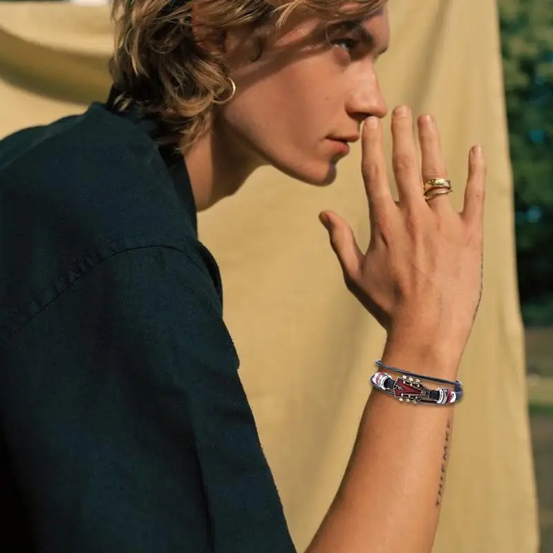 مضفر الغيتار سوار سبائك الزنك قابل للتعديل مشبك دليل المنسوجة فو الجلود 3-layered ريترو الشرير المعصم مجوهرات هدايا #5