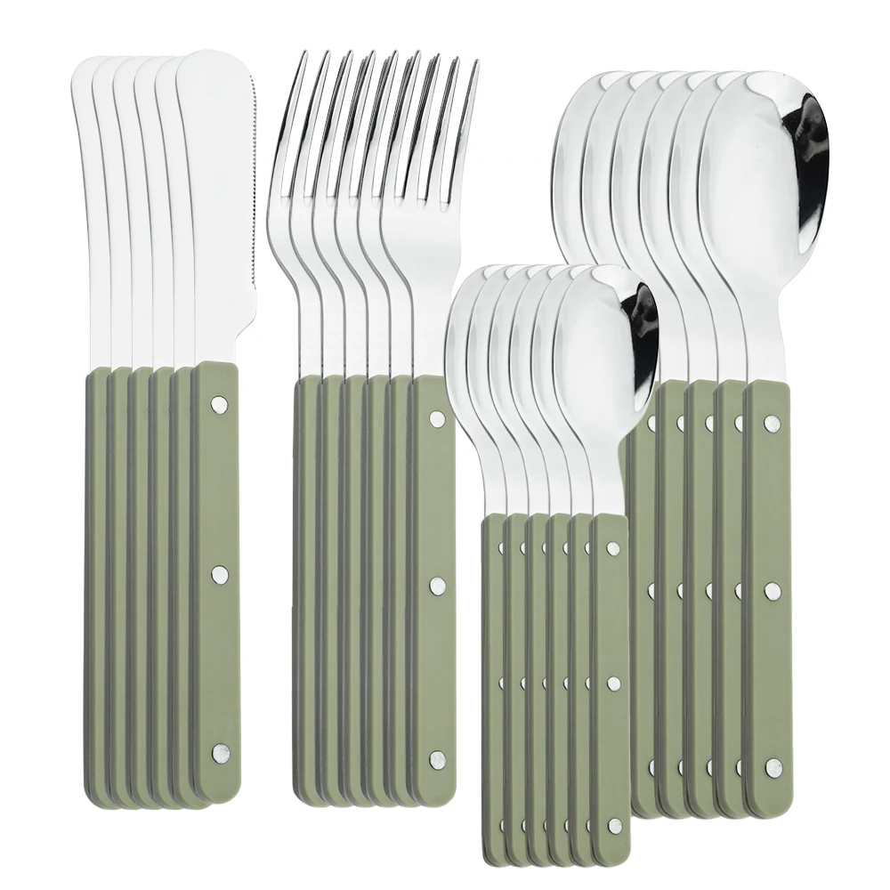 24Pcs Green Dinnerware Set ABS Handle Rivets Decoration Cutlery Stainless Steels Fork Knife Spoon Western Kitchen Flatware