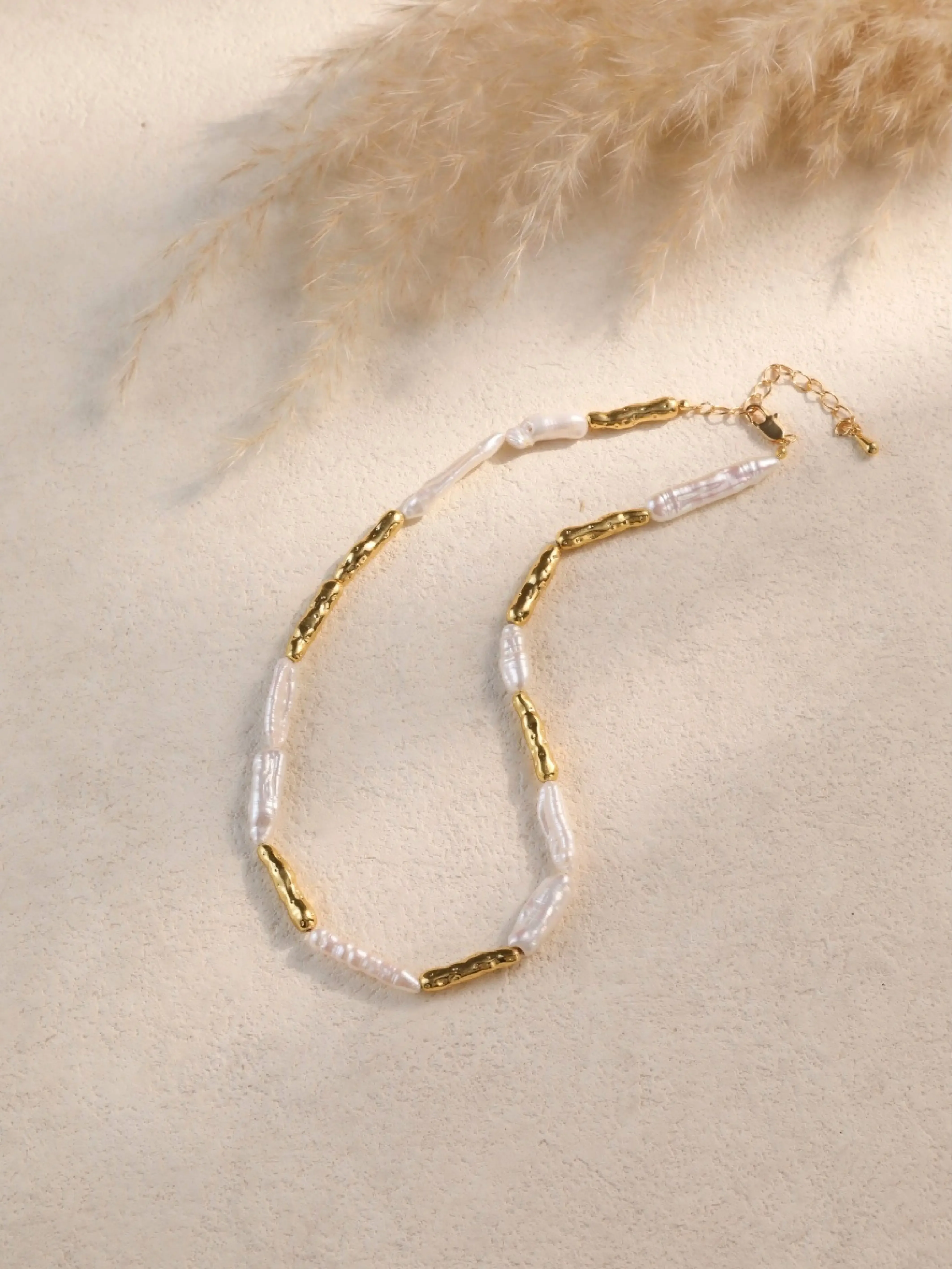 Baroque Pearl Gold Statement Necklace Handmade Freshwater Pearl with Textured Gold Bars Daily Elegant Layering Jewelry for Women