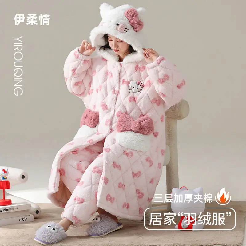 

Sanrios Pajamas Women Autumn Winter Three-Layer Quilted Coral Velvet Hello Kittys Nightgown Plus Velvet Thickened Warm Home Wear