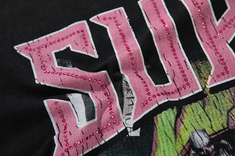 Hip-Hop Streetwear Lustiges Skelett-Grafik-T-Shirt für Männer Vintage Schwarz Gewaschenes Strass-Tee Übergroßes Baumwoll-Shirt im Used-Look – Detail 7