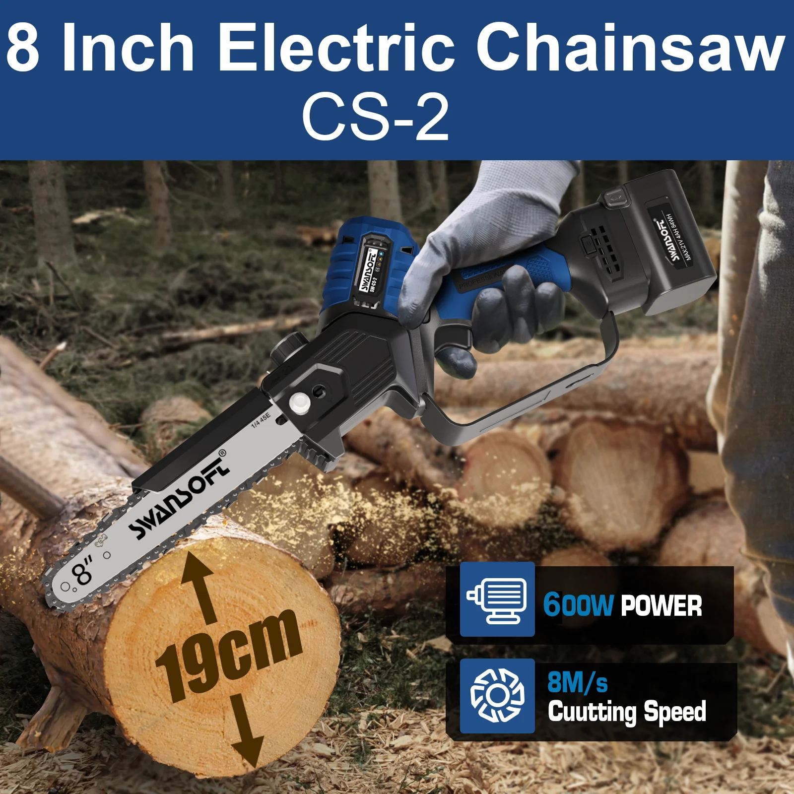 SWANSOFT 8 Zoll Kabellose Mini-Kettensäge 600W Elektrische Kettensäge Garten Holzschneidemaschine Baumfällung Astschere Elektrowerkzeug für 21 4AH Akku CS-2