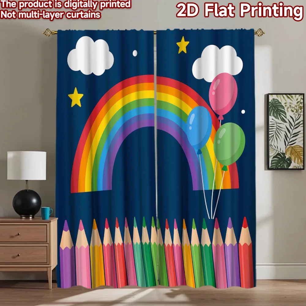 2D flat 2pcs Curtain Vintage drapes Curtains Rainbow Balloons Colored Pencils Digitally printed polyester Holiday Decorations