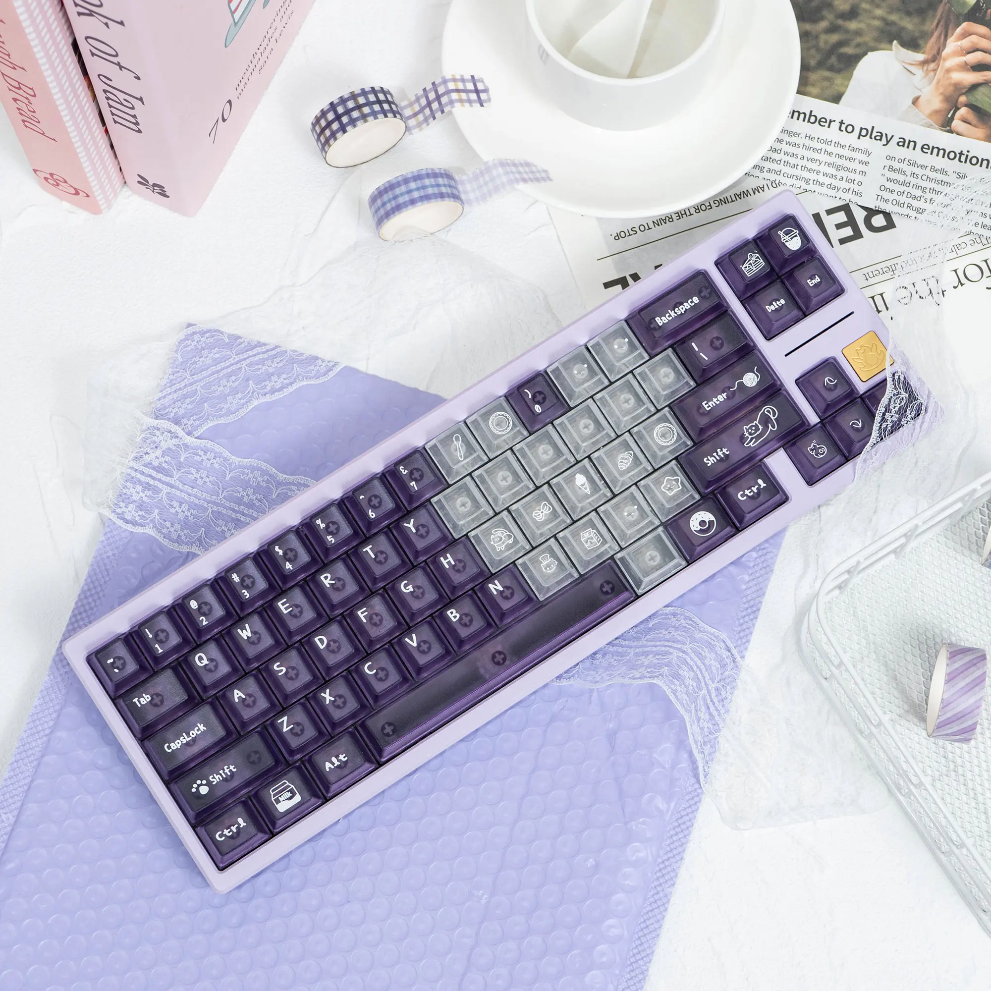 136 keys Purple Crystal Clear Keycap Cherry Profile Transparent Keycaps Cute Kitty Cat Key Cap For MX Cherry Mechanical Keyboard