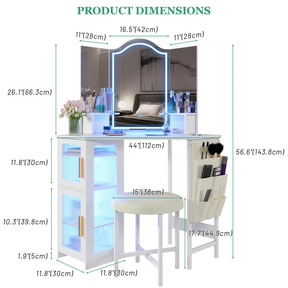 Bureau de vanité d'angle de lumières LED avec le bureau de vanité d'angle d'armoire de rangement