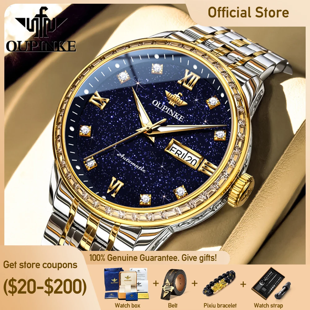 

OUPINKE 3258 мужские часы, роскошные оригинальные брендовые автоматические механические часы для мужчин, водонепроницаемые светящиеся часы с датой недели, подарочная коробка