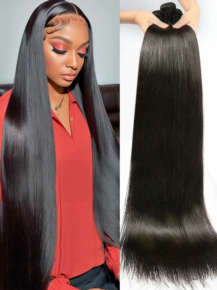 Bone Straight 3 4 Bundles 100% Human Hair 30 32 34 Inch Double Weft Brazilian Natural Black Raw Virgin Hair Extensions For Women