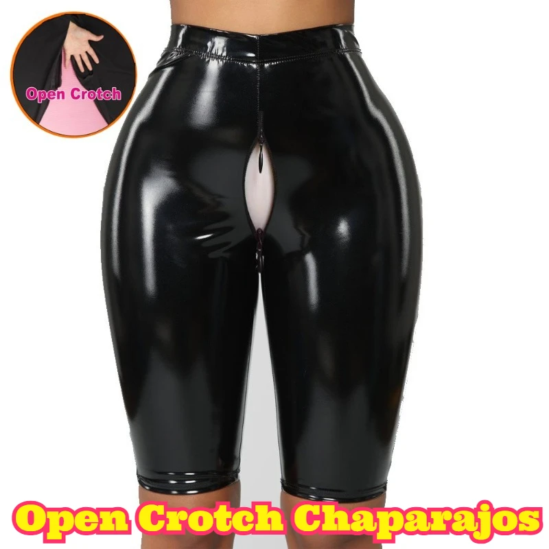 

Shiny Metallic Faux Leather Shorts Open Crotch Knee Length Thin Fabric Outdoor Wear Stretchy Slim Fit Fashion Casual Comfortable