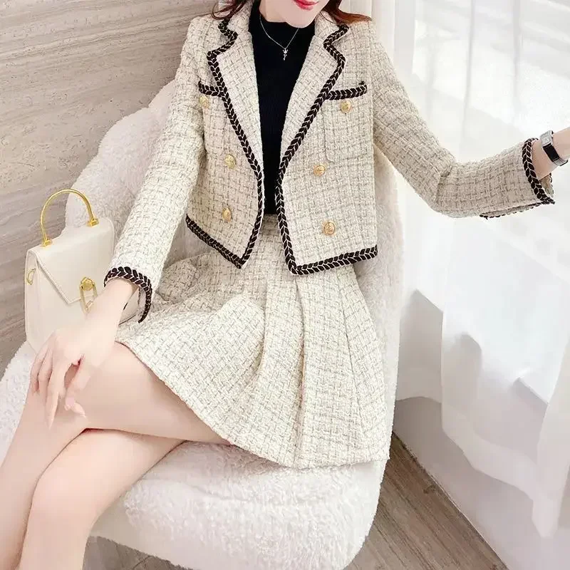 Summer Outfit Mini Woolen Cloth Suit with Skirt and Blazer Womens Short 2 Sets 2024 Long Sleeve Two Piece Set for Women Festival