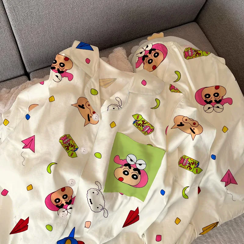 Crayon Shin-chan Womens Pajamas Set Long Sleeve Button Down Top and Trousers Sleepwear 2 Piece Pjs Set Casual Homewear S-XXL