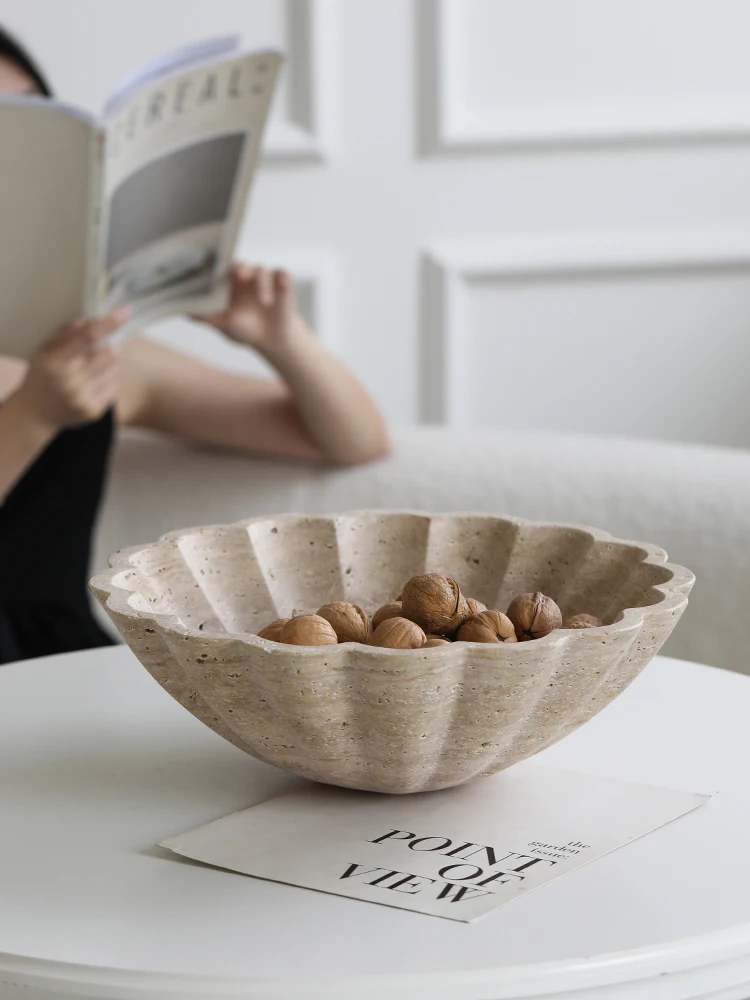 Large Travertine Serving Tray Decorative Ruffle Marble Fruit Bowl for Kitchen Counter and Living Room