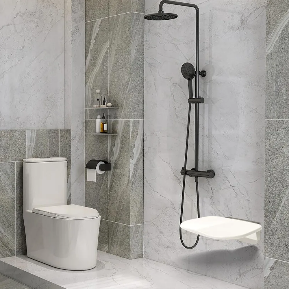 Modern Wall-Mounted Plastic Folding Shower Stool Urea-Formaldehyde Invisible Bath Chair for Elderly Bathroom Shoe Changing Seat