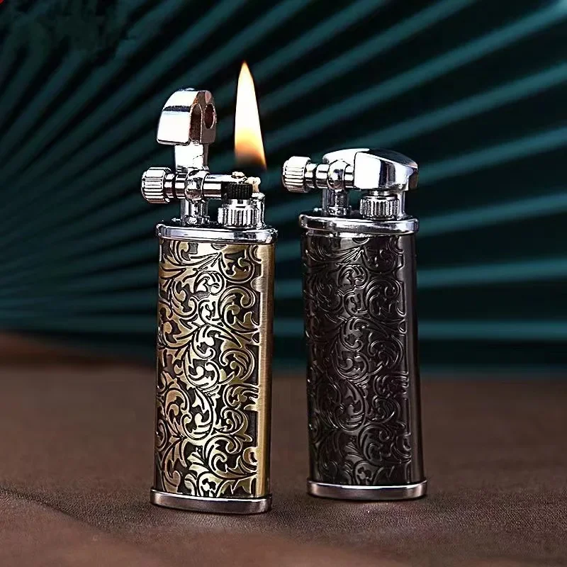 Retro carved flint kerosene lighter flame retro metal grinding wheel gasoline cigarette cool lighter creative men's gadget