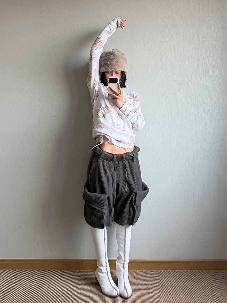 ReddaChic Women Rolled Waist Cargo Shorts Retro Gray Alternative Waffle Pattern Straight Bermuda Pants Grunge Summer Streetwear