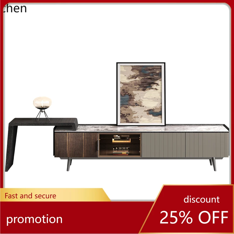 

HT rock panel TV cabinet coffee table combination modern simple living room light luxury retractable TV cabinet
