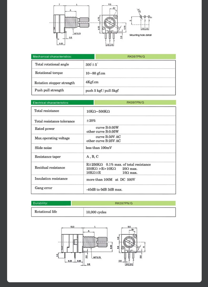 1-10 stücke RV097NS Einzigen RV097GS Doppel 5K 10K 20K 50K 100K 500K Schalter audio 5PIN 8Pin Welle 15mm Verstärker Abdichtung Potentiometer – Detail 3