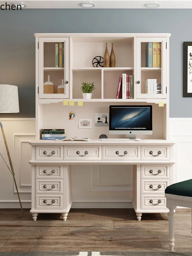 Pure Solid Wood Light Luxury Small Apartment Desk Bookshelf Combination Integrated Computer Study Desk
