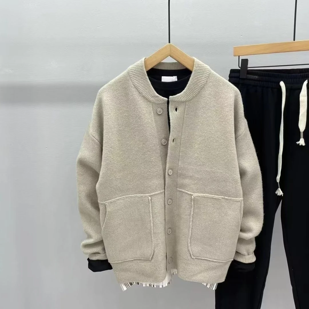 

Модные мужские однотонные свитера, осенние уличные модные кардиганы на пуговицах с круглым вырезом, мужские вязаные свитера с длинными рукавами, куртка