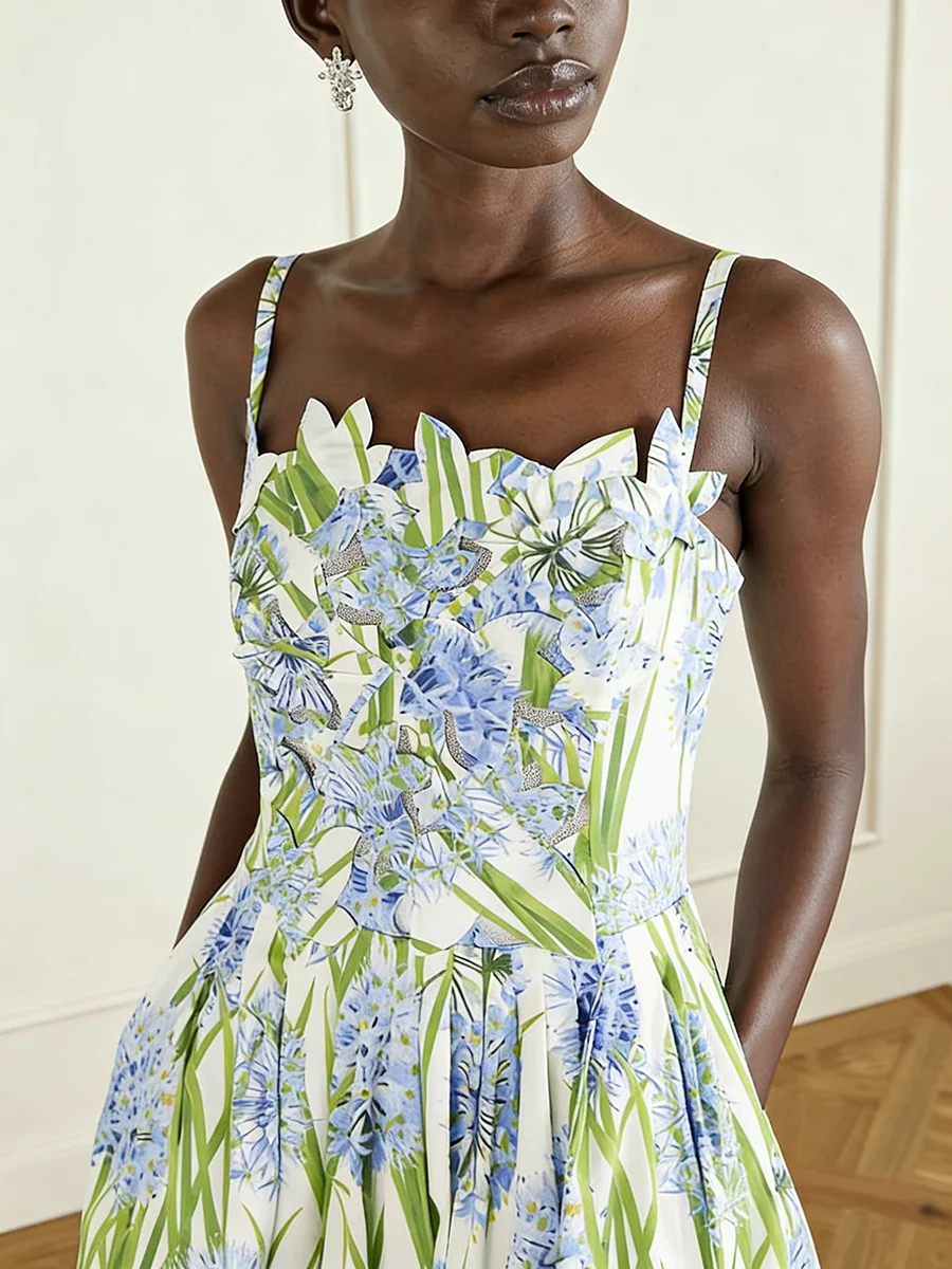 VGH 프렌치 엘레강트 플로럴 미디 드레스 여성용 스파게티 스트랩 스퀘어 칼라 3D 꽃잎 장식 캐주얼 드레스 봄 소풍용