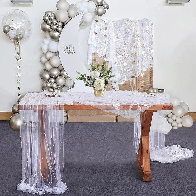 2pcs 10 ft White Tablecloth Pearl Tulle Table Cover Wedding Veil Table Runner Fabrics for Weddings Arch Dessert Party Decoration