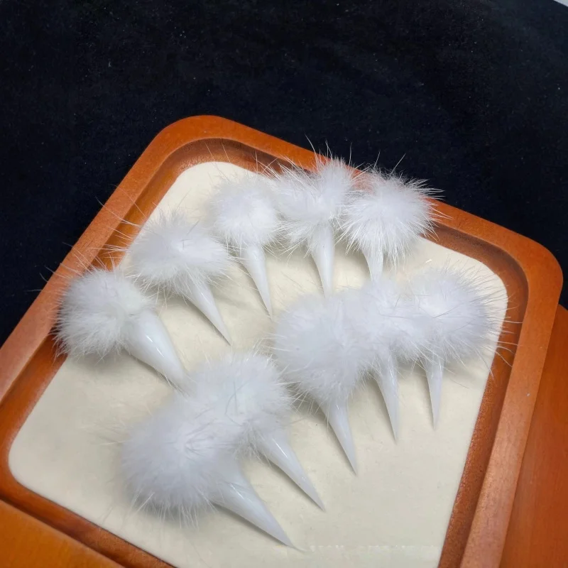 10PCS White plush spherical artificial nails, matte white ultra-long conical pointed end detachable fluffy artificial nail set