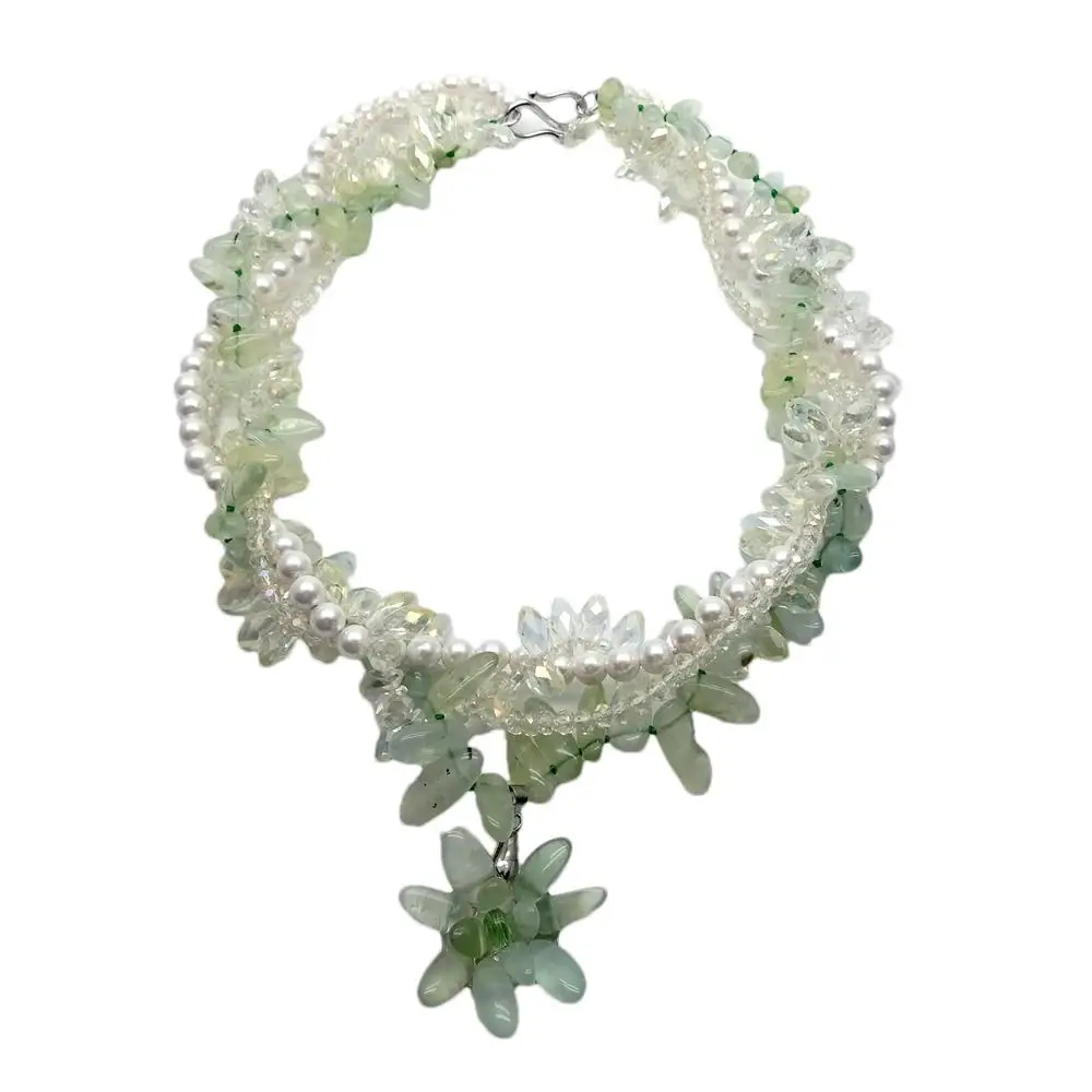 Y·YING  4 Rows Natural Blue Prehnite Crystal White Sea Shell Pearl Torsade Necklace Flower Pendant