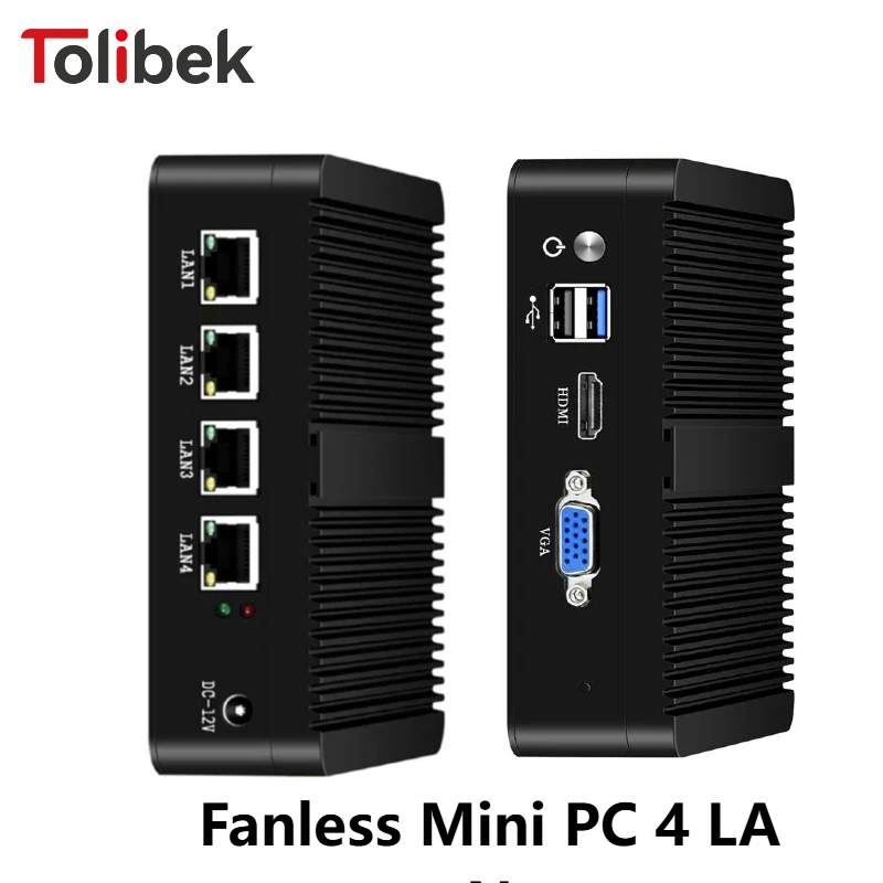 Tolibek Fanless Mini PC 4 LAN Celeron J1900 Quad-Core J4125 Firewall Router PFsense Windows Wifi Industrial PC Computer Server