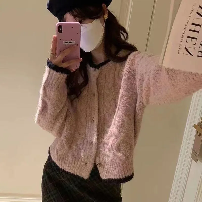 Deeptown Korean Style Pink Sweater Women Autumn Long Sleeve Knit Cardigan Old Money Vintage Loose Knitwear Female Aesthetic