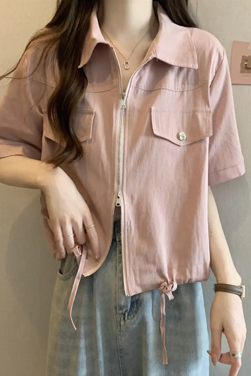 Ropa de talla grande para mujer, camisa de atuendo versión coreana, chaqueta de verano, parte inferior suelta y delgada, Tops cortos informales, Z1936