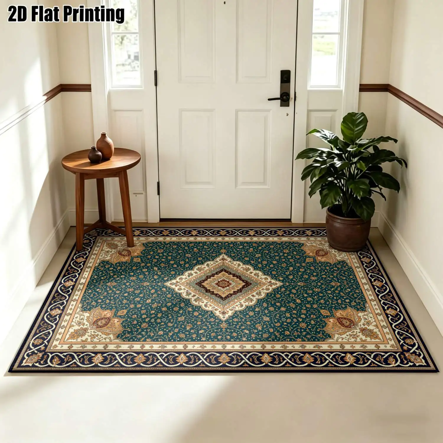 1Pc 2D Printed Retro Scroll Dark Green Carpet: European, Retro Light Luxury Decor, Home Use, Multi-Size, Machine Washable, for Entrance, Dining, Foyer, Bedroom, Study, Living Room