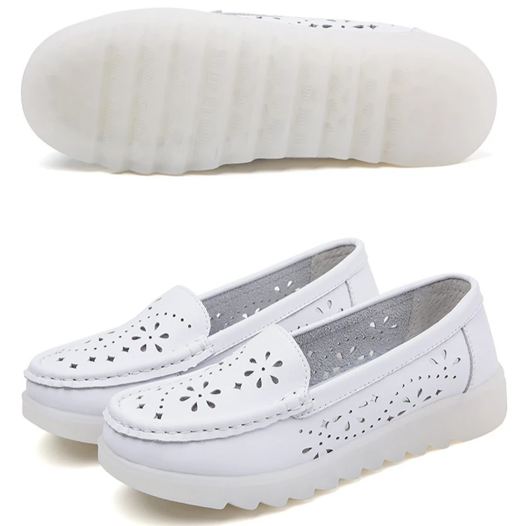 2025 Women Breathable Flat Shoes Spring and Summer Thick Sole Loafers Trendy Lightweight Slip on White Hollow Casual Work Shoes