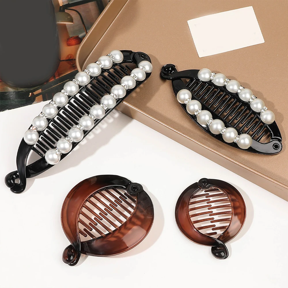 Multi-Sizes Fish Shape Pearls Hair Claws Clips Ponytail Holder for Women Girls Banana Clips Crabs Black Hair Styling Accessories