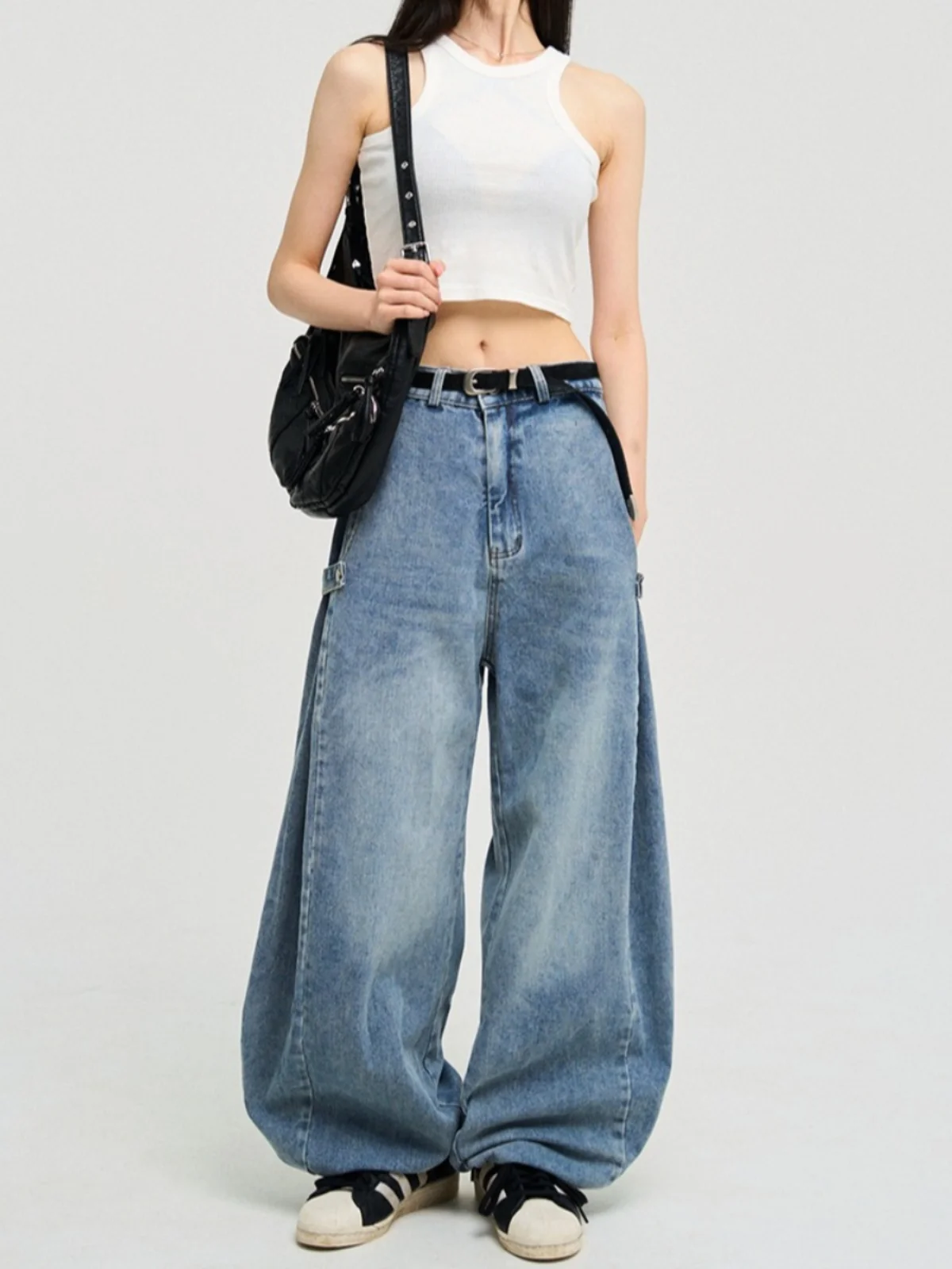 

Синие широкие джинсы с высокой талией, женские модные корейские свободные повседневные длинные брюки с синим дизайном, эффект похудения