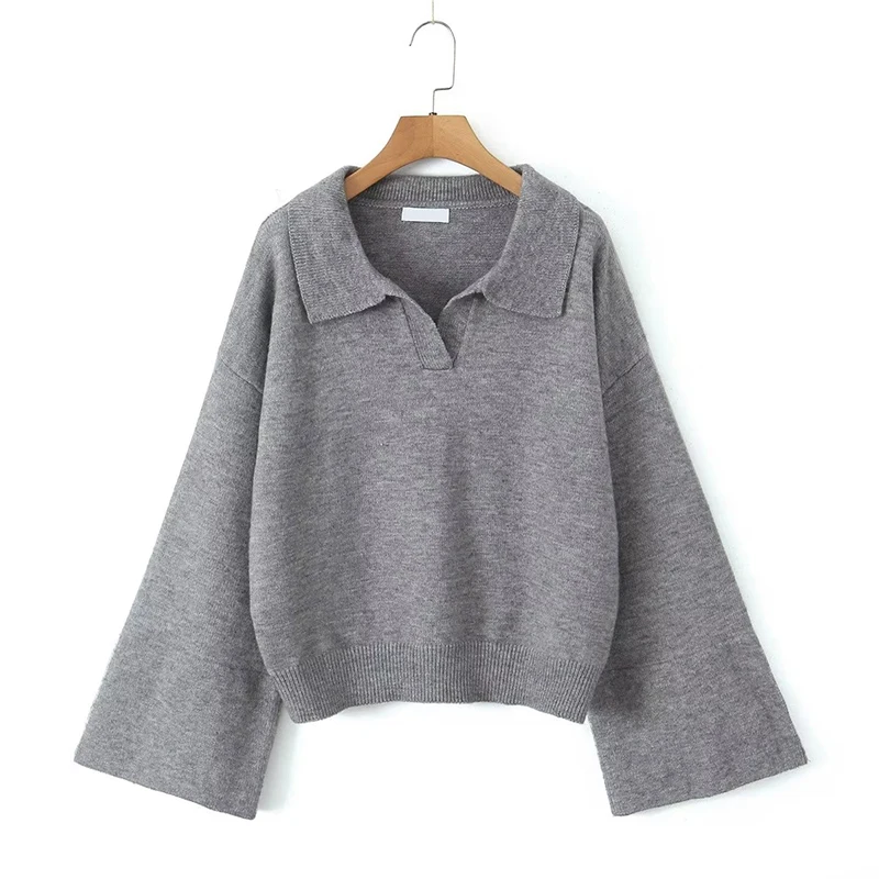 Autumn Women Vintage Oversize Long Sleeve Lapel Collar Gray Pullover Sweater