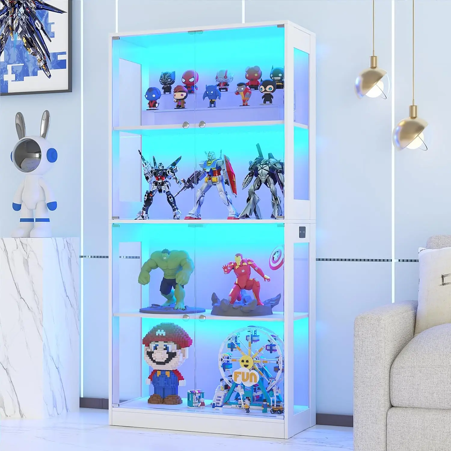 65'' Display Cabinet with Glass Door 4-Tier Display Case | Human Body Sensor, 3 Color LED Lighting, Curio Cabinet