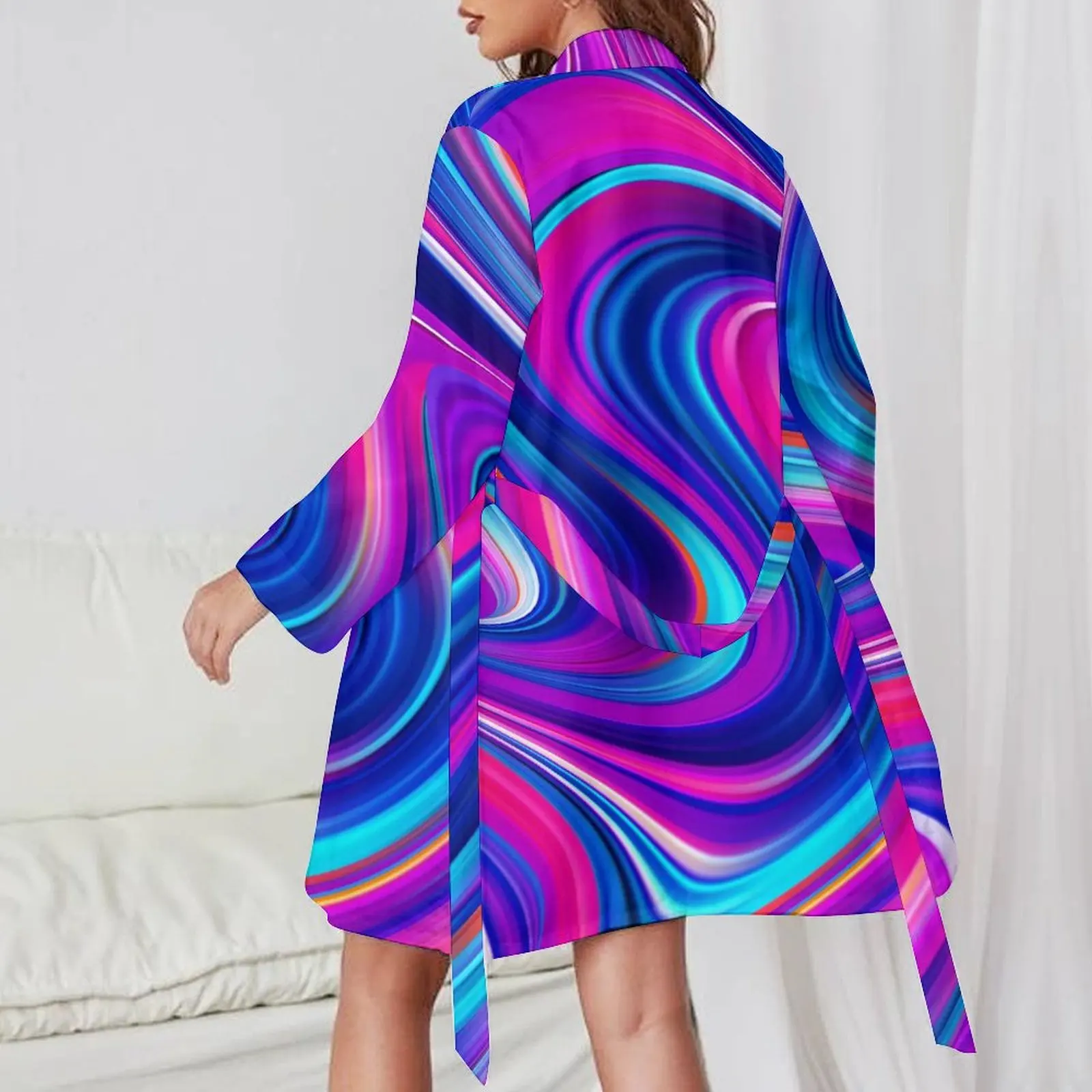 Rainbow Print Pajama Robe Marbled Abstract Long Sleeve Casual Loose Pajamas Robes Female V Neck Trendy Sleepwear Spring Dress