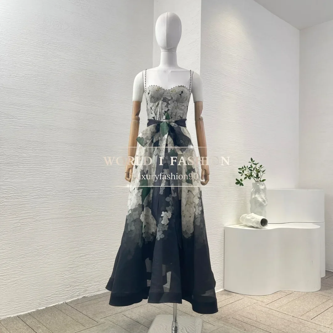 

2025 New High Quality Black Flowers Print Sleeveless Sling Beading Midi Womens Dresses