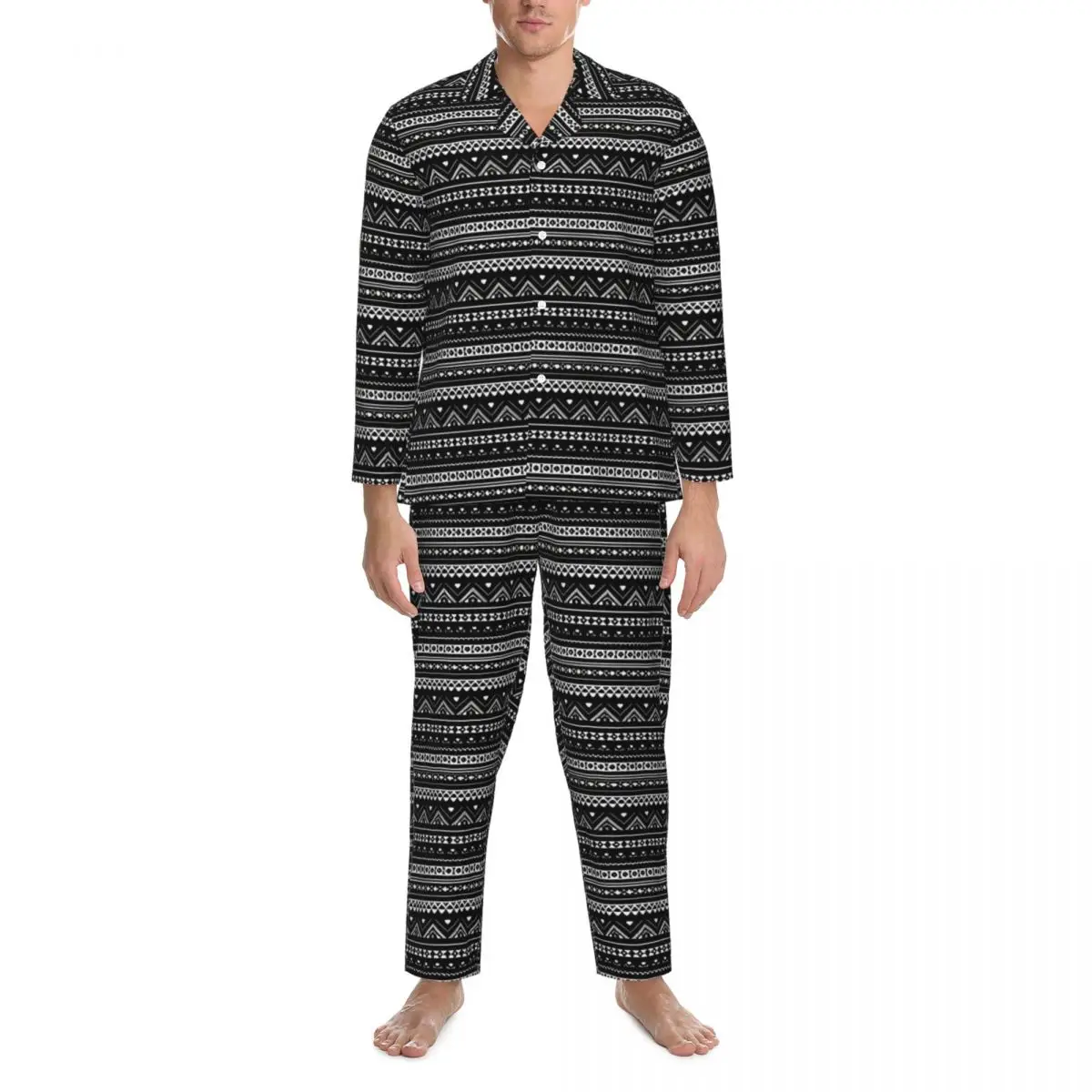 

Aztec Art Pajama Sets Retro Black and White Kawaii Sleepwear Unisex Long Sleeves Casual Loose Leisure 2 Pieces Nightwear