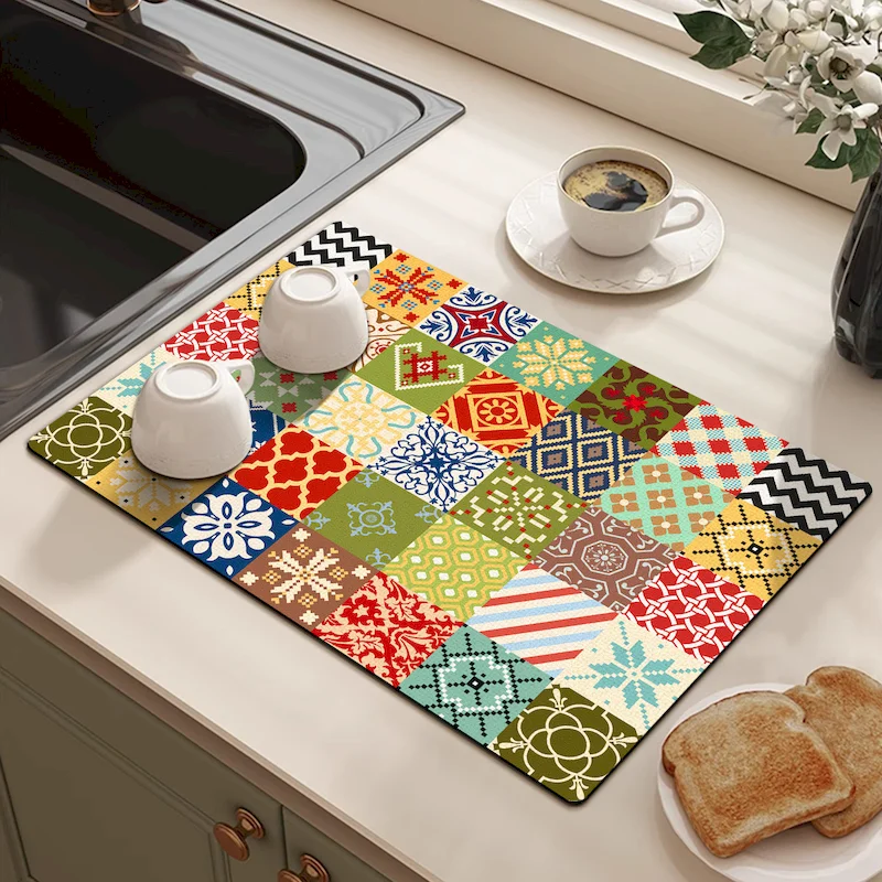 VIKAMA Collage Bohemian Geometric Tableware Drying Mat, Retro Absorbent Anti Slip Kitchen Countertop Mat, Home Decoration