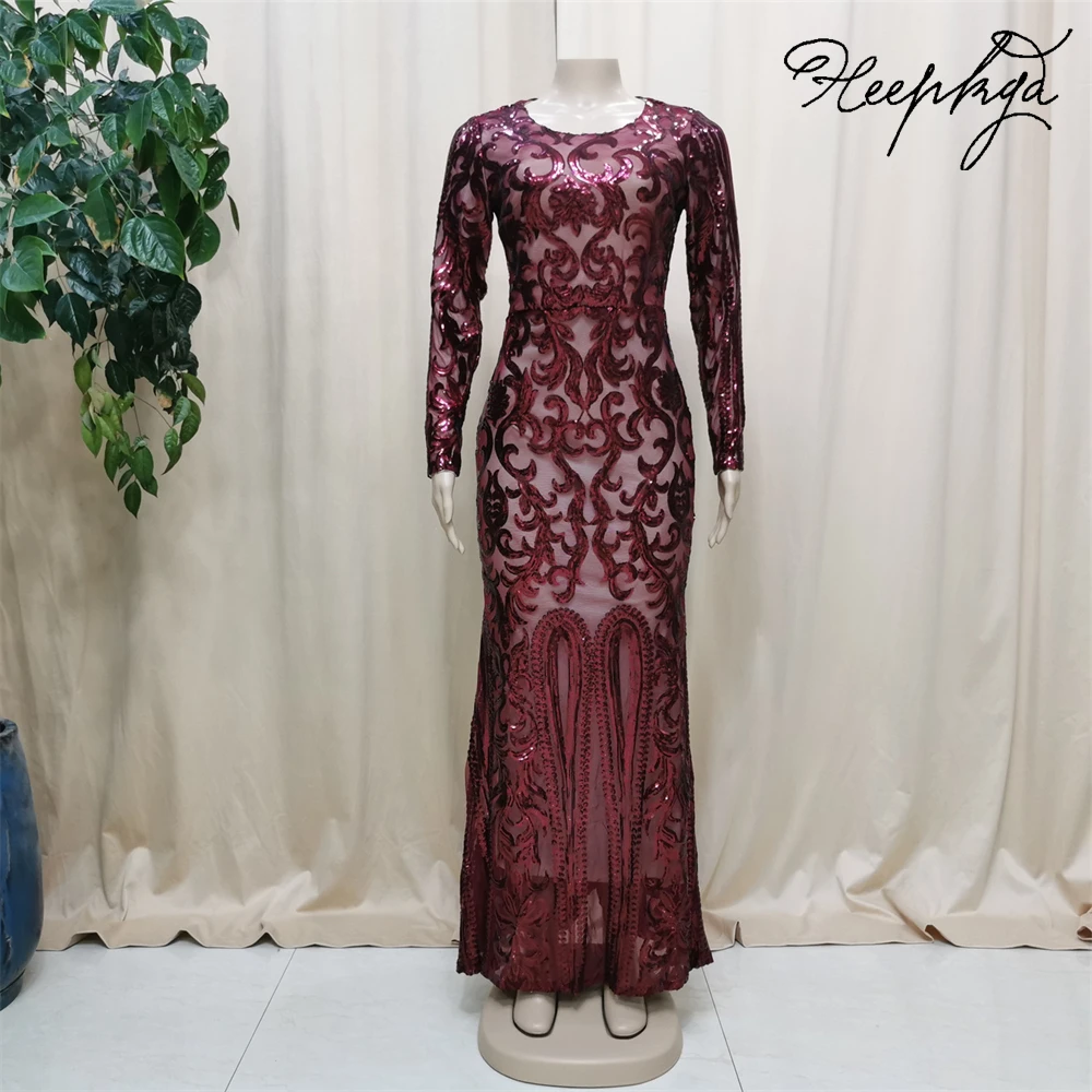 

Long Formal Burgundy Evening Dress Full Sleeves Mermaid Stunning Sequined Prom Party Gowns For Women Vestido De Festa Plus Size