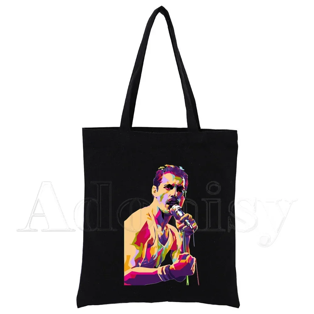 Queen Freddie Mercury Shopping Bag Print Original Design White Unisex Fashion Travel Canvas Bags Black