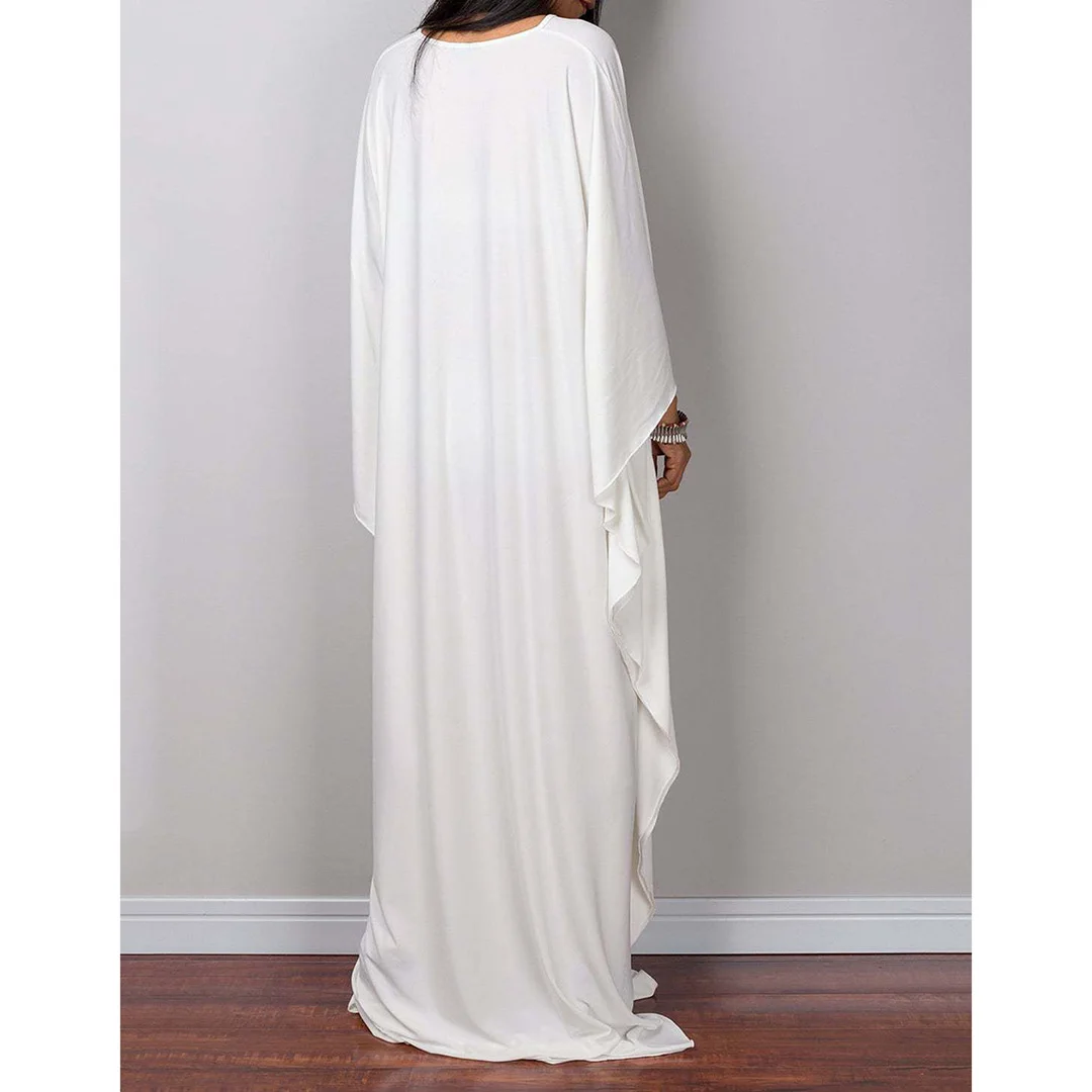 Langes Kleid im Stil einer griechischen Göttin, Tunika mit Fledermausärmeln, Strandkleid, Strandtuch, Strandmode, Kaftan, Maxikleid V4427 – Detail 13