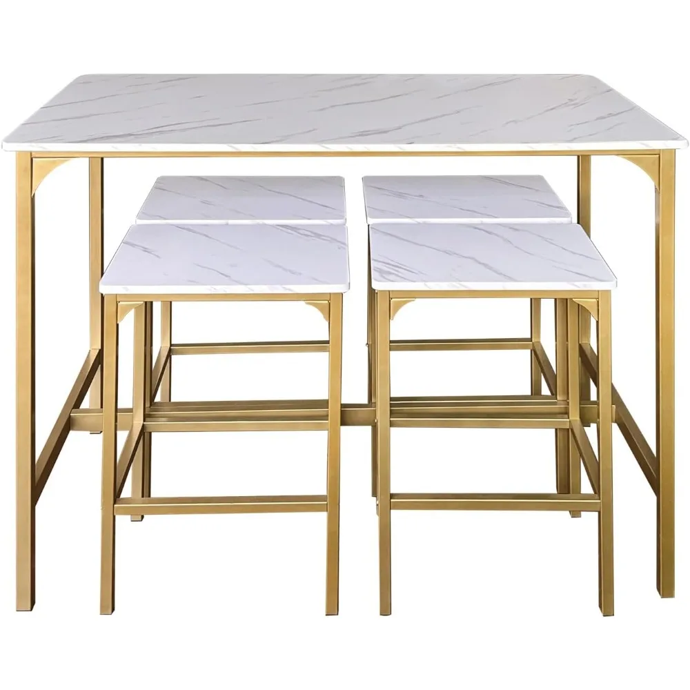 Conjunto De Mesa De Bar Com 4 Bancos, Conjunto De Mesa De Sala De Jantar, Espaços Pequenos, Dourado e Branco, 5 unid