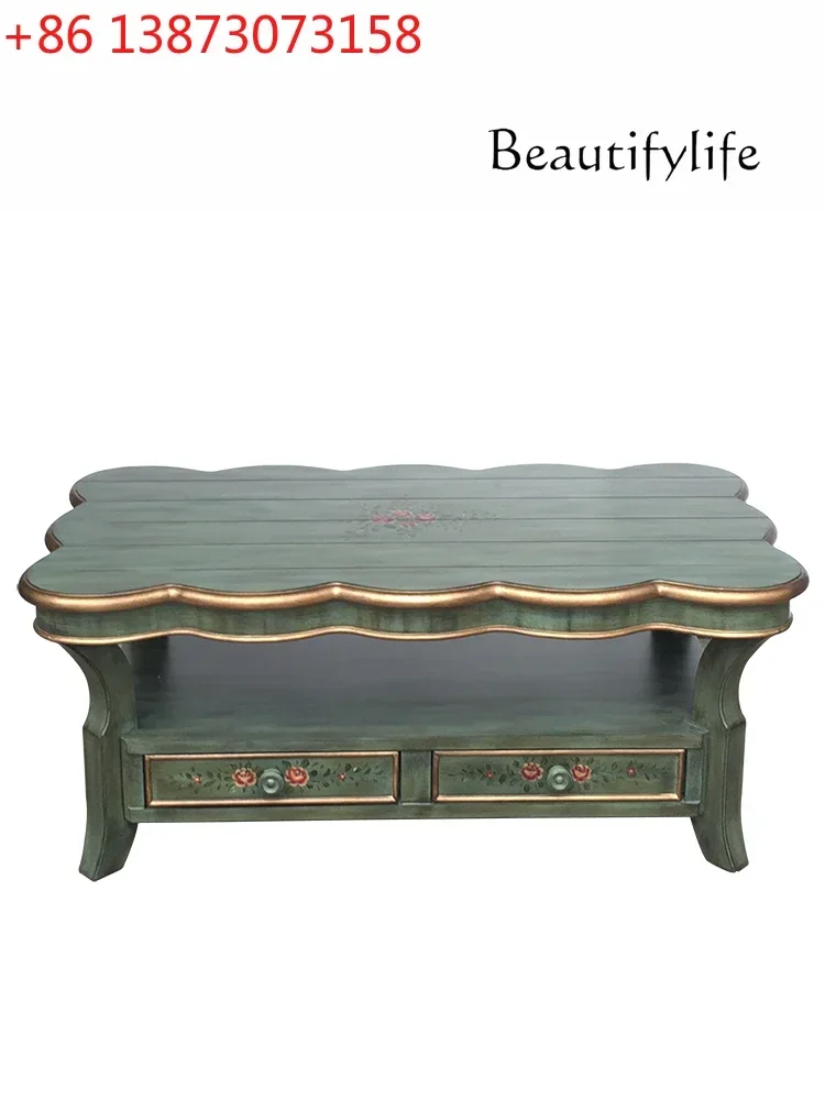 Mediterranean Painted Coffee Table Small Apartment Living Room Rectangular Distressed Tea Table American Retro Coffee Table