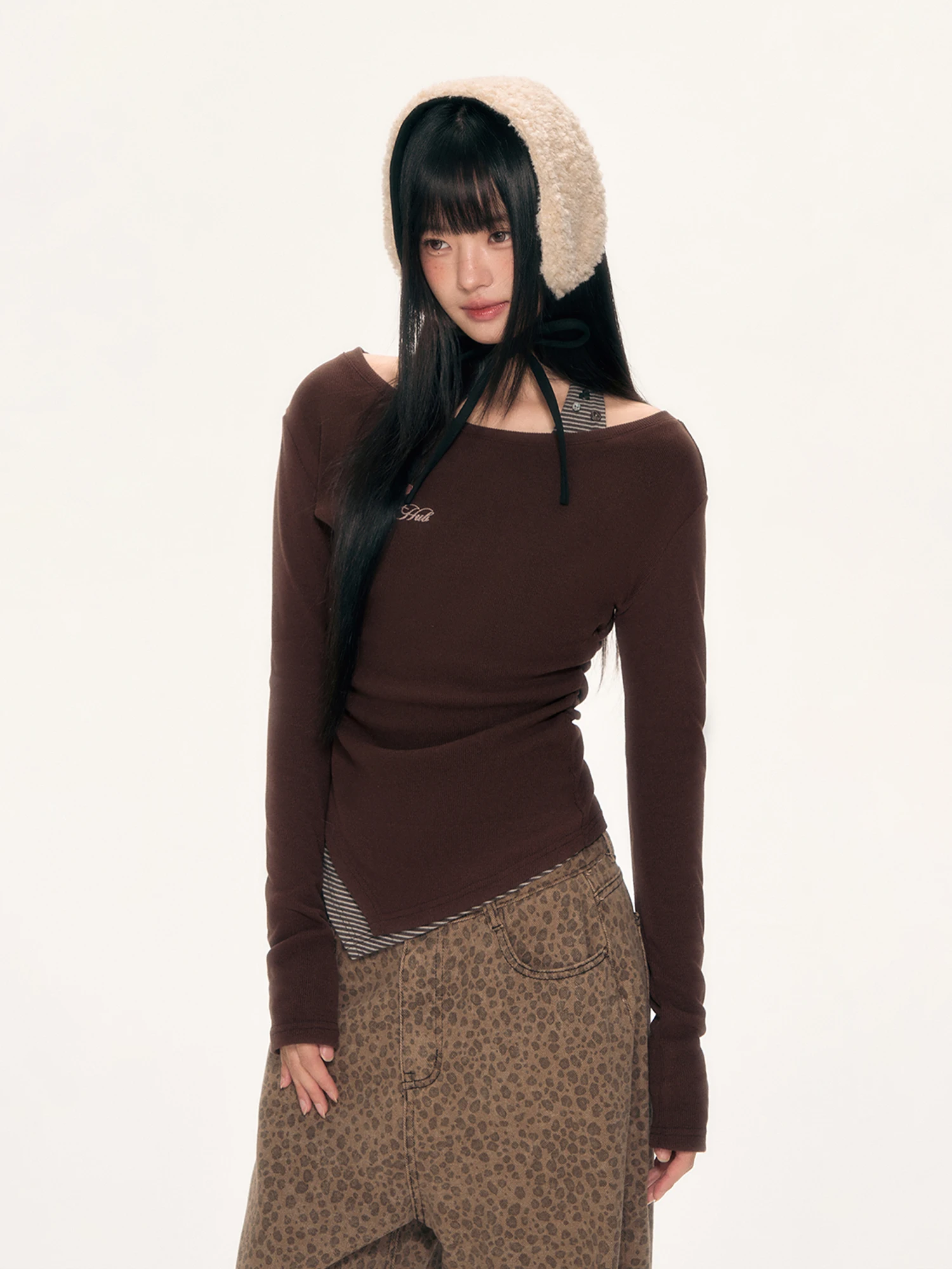 

Женская футболка с длинным рукавом Wedhub в ретро-стиле с полосками, осенне-зимняя коллекция, коричневая, базовый слой, внутренняя одежда