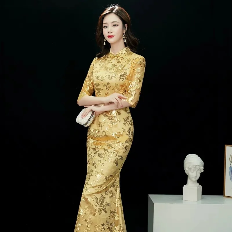 

Fishtail Improved Cheongsam New Long Chinese Style Fashion Qipao Edition Annual Party Evening Dress Sexy Women's Golden