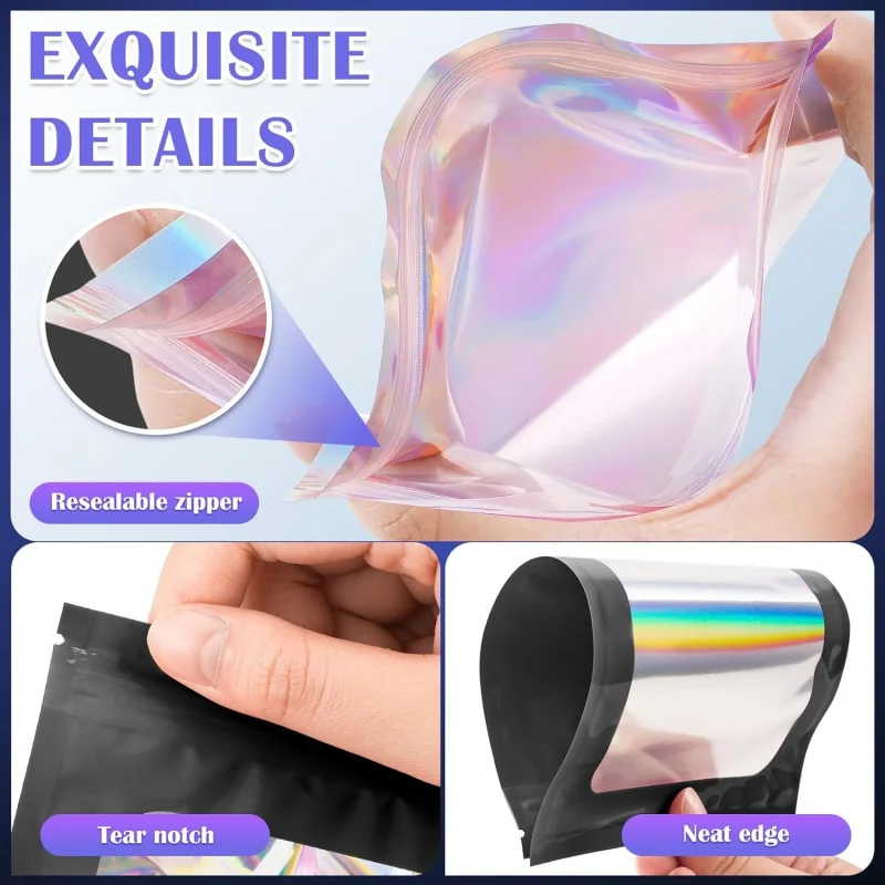 Bolsa de película láser holográfica transparente impresa personalizada, resellable, Mylar Ziplock, sello térmico, cremallera