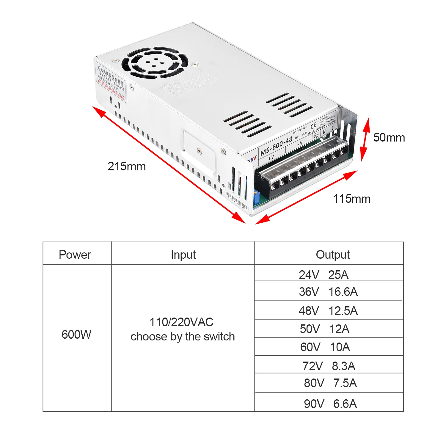 600W Switching Power Supply adjustable output voltage AC-DC 0-12V 15V 24V 36V 48V 50V 60V 72V 80V 110V 130V 220V 300V, 12V 50A